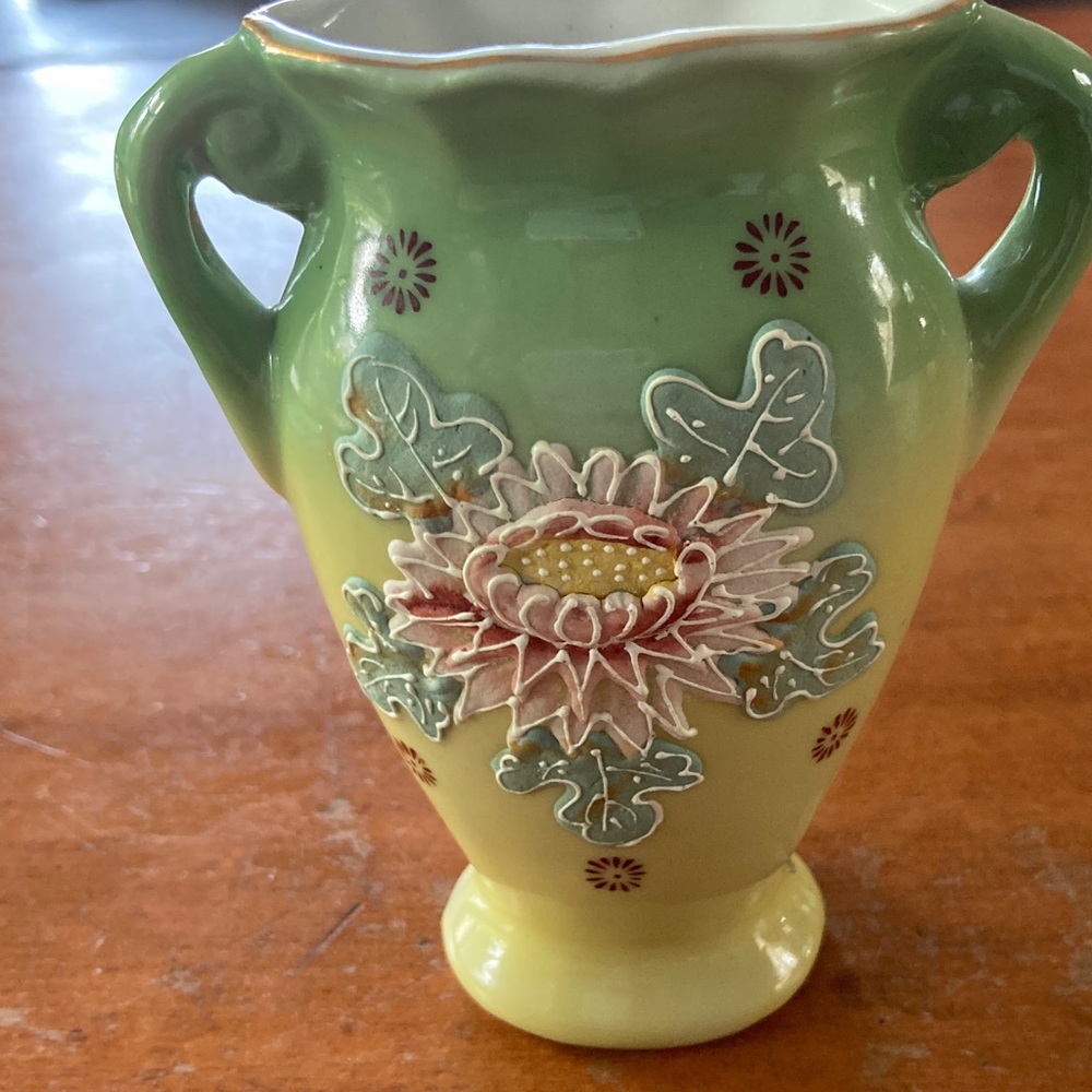 Made In Occupied Japan Mini Vase Floral Green Yellow 4.5" Tall